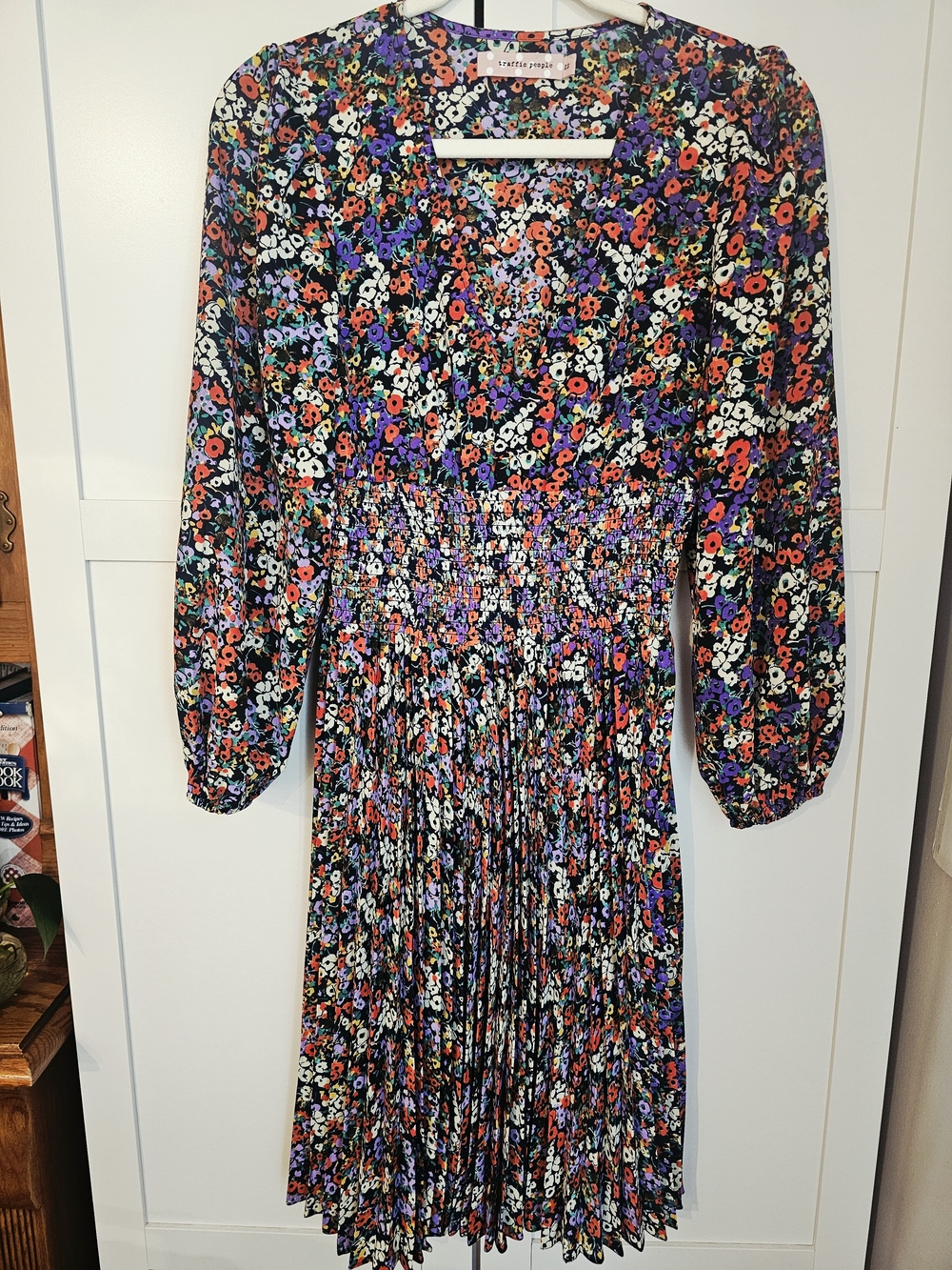 Traffic People Multicolor Floral Pleated Smocked Midi Dress V-Neck Long Sleeve